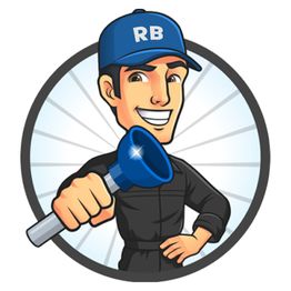 Illustration eines Handwerkers mit blauem Plunger und RB-Kappe, lächelnd und selbstbewusst.