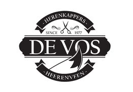 Zwart-wit logo van Herenkappers De Vos, met schaar en kam, sinds 1977 in Heerenveen.