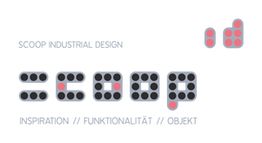 "Scoop Industrial Design-Logo mit Text: Inspiration, Funktionalität, Objekt. Punkte-Design."
