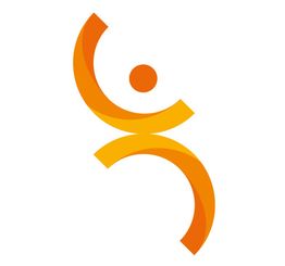 Logo abstrait orange d'une figure humaine stylisée sur fond blanc.