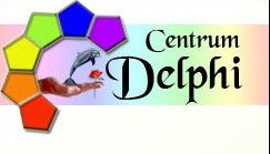Logo van Centrum Delphi met kleurrijke zeshoek en illustratie van hand, dolfijn en roos.