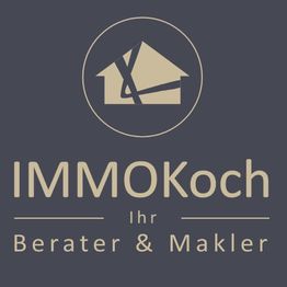 Logo von IMMOKoch, Berater & Makler, mit einem stilisierten Haus auf dunklem Hintergrund.