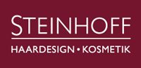 Weißer Text „Steinhoff Haardesign Kosmetik“ auf dunkelrotem Hintergrund.