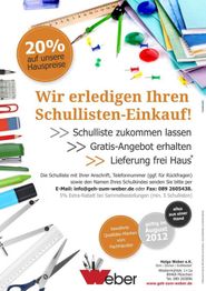 Buntstifte und Bürobedarf umrahmen ein Werbeplakat für Schulmaterial bei Weber.