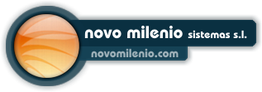 Logo con esfera naranja y texto: "novo milenio sistemas s.l." y "novomilenio.com".