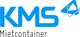 Logo mit blauem "KMS Mietcontainer" Text und einem blauen 3D-Dreieck-Symbol.