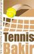 Ein gelber Tennisball trifft auf ein Netz, daneben der Text: "Tennis Bakir".