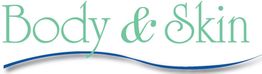 Text "Body & Skin" in grüner, geschwungener Schrift auf weißem Hintergrund mit blauer Wellenlinie.