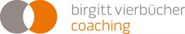 Zwei überlappende Kreise neben dem Text "birgitt vierbücher coaching" in grau und orange.