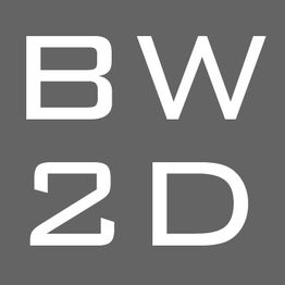 Grijze achtergrond met witte letters: "B W" boven en "2 D" onder.