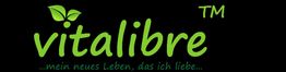 Grünes Vitalibre-Logo auf schwarz mit Slogan: "...mein neues Leben, das ich liebe..."