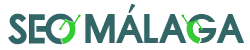 Logo con texto "SEO MÁLAGA" en letras azules y detalles verdes.