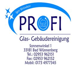 Visitenkarte mit Logo der Firma "PROFI" für Glas- und Gebäudereinigung, Kontaktinformationen unten.