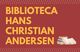 Texto "BIBLIOTECA HANS CHRISTIAN ANDERSEN" com ícone de livros empilhados sobre fundo vermelho.