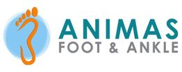 Logo of Animas Foot & Ankle with abstract orange foot on a blue circle background.