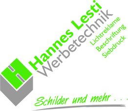 Grau-grünes Logo von Hannes Lesti Werbetechnik mit Text: „Schilder und mehr…“.