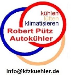 Logo: Rote und blaue Kreise, Text "Robert Pütz Autokühler", E-Mail: info@kfzkuehler.de.