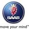 SAAB-Logo mit Krone und Löwe, Schriftzug "move your mind" darunter.