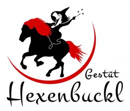 Logo mit schwarzer Hexe auf schwarzem Pferd. Roter Schriftzug: "Gestüt Hexenbuckl".