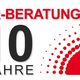 "PR-Beratungslogo: 10 Jahre Jubiläum mit roten Punkten und Halbkreis."