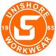 Rundes Logo in Orange mit weißem "S", Schriftzug "Unishore Workwear", Jahr 1985.