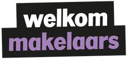 Zwarte achtergrond met de tekst "welkom makelaars" in witte en paarse letters.