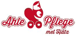 Rotes Herz mit Gesicht und Rollschuhen, daneben Text: "Ahle Pflege met Hätz" in roter Schrift.