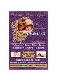 Cartaz roxo promocional de massoterapia com serviços como massagem tailandesa e redutora.