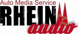 Logo mit Text: "Auto Media Service RHEIN audio" mit roten Kölner Domtürmen im Hintergrund.