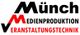Logo mit Text: "Münch Medienproduktion Veranstaltungstechnik" in Schwarz und Rot.