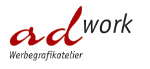 Logo mit Text „ad work“ und „Werbegrafikatelier“ in Schwarz und Rot, stilvolle Schrift.