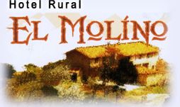 Texto: "Hotel Rural El Molino" con imagen de un molino y árboles alrededor.