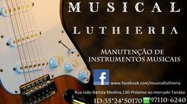 Guitarra elétrica e informações de contato da Musical Luthieria para manutenção de instrumentos.