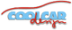 Logo mit Text "COOLCAR design" in blauen Buchstaben und einer roten Linie in Form eines Autos.