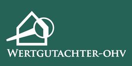 Logo mit Haus und Lupe, Text: "Wertgutachter-OHV". Hintergrund in Dunkelgrün.