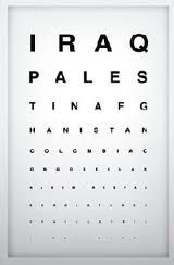 Tabella oculistica con nomi di paesi in caratteri neri su sfondo bianco.