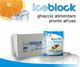 Confezione e sacchetto di ghiaccio alimentare "iceblock" con immagine di arancia e cubetti.
