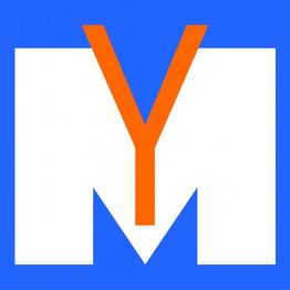 Blaues Quadrat mit einem weißen "M" und einem orangefarbenen "Y" darüber.