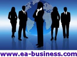 Business-Silhouetten vor Globus, URL unten: www.ea-business.com.