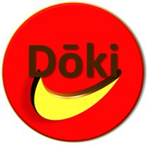 Logo vermelho com a palavra "Dōki" em marrom e um símbolo amarelo curvo abaixo das letras.