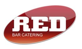 Rotes ovales Logo mit weißem Text "RED BAR CATERING".