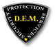 Abzeichen mit "D.E.M. Security Protection Services" in Schwarz und Gelb auf silbernem Schild.