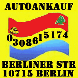 Autoankauf Werbung mit Telefonnummer und Adresse in Berlin. Rote und blaue wellige Streifen.