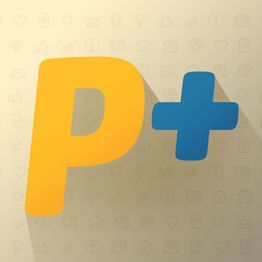 Lettera "P" gialla seguita da un segno "+" blu su sfondo con icone social in grigio chiaro.