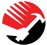 Stylized hammer and claw on red and black circular background.