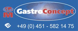 Blaues Logo der Firma GastroConcept mit Weltkarte und Telefonnummer: +49 (0) 451 - 582 14 75.