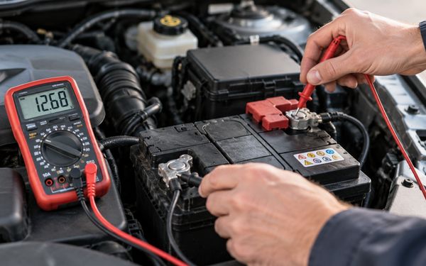 Nahaufnahme einer Autobatterie im Motorraum, deren Spannung mit einem digitalen Multimeter an den Batteriepolen gemessen wird, um den Ladezustand und die Funktionsfähigkeit der Starterbatterie zu überprüfen.