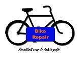 Silhouet van een fiets met een blauw bord dat "Bike Repair" zegt. Tekst: "Kwaliteit voor de juiste prijs".