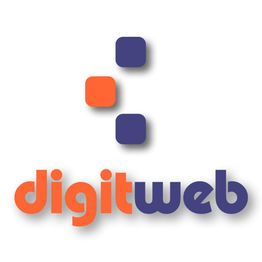 Logo con cuadrados azules y naranjas, y texto que dice "digitweb" en colores naranja y azul.