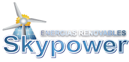 Logo de Skypower con turbina de viento, sol y panel solar, texto: "Energías Renovables".